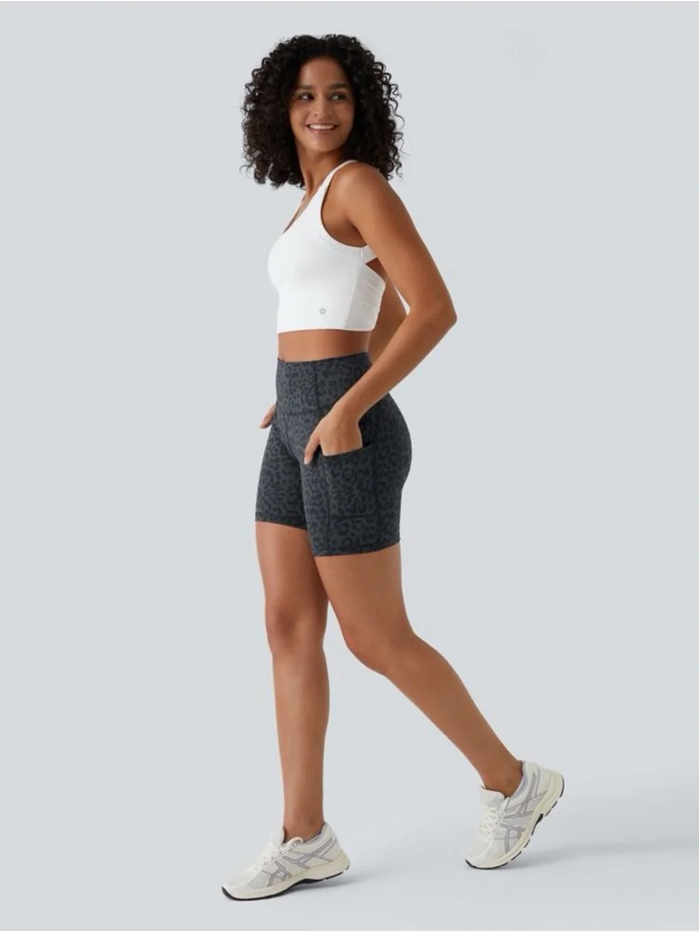 HALARA S NWT Dark Gray Blue Leopard Print High-Waist Pocket Biker Shorts